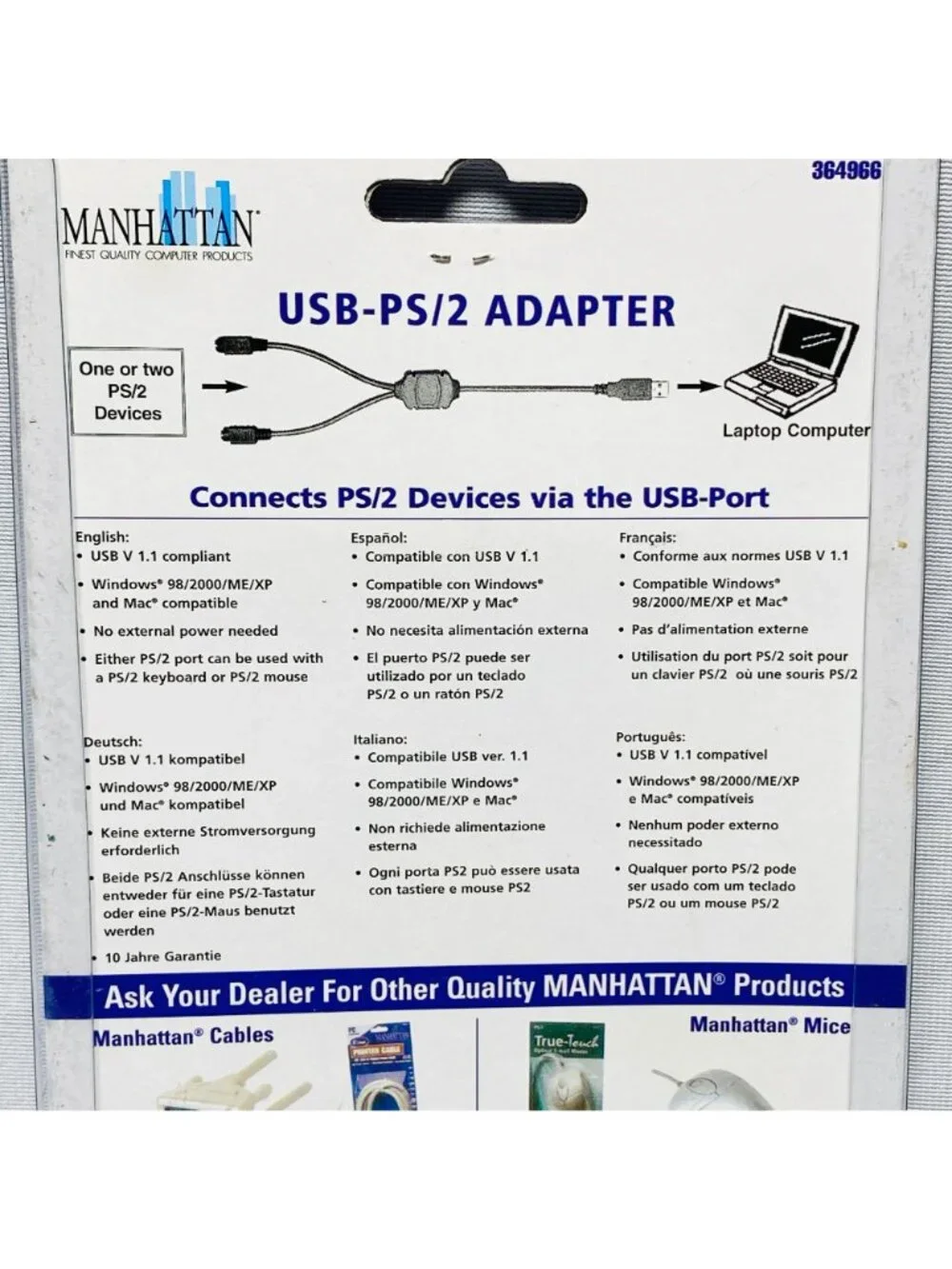 Manhattan USB-PS/2 Adapter For PS/2 Devices To USB Port Model 364966 New